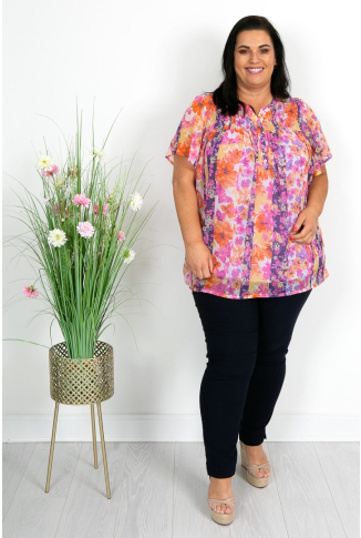 Purple Floral Print Chiffon Top 