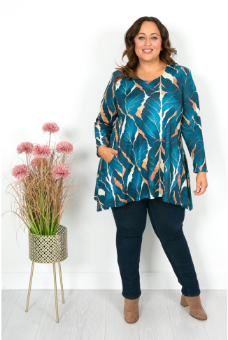 Teal & Gold Abstract Leaf Pocket Tunic