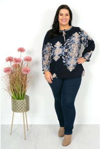 Navy Blue & Taupe Boho Tie Top