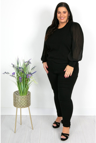 Black Knit with Chiffon Pleat Sleeve