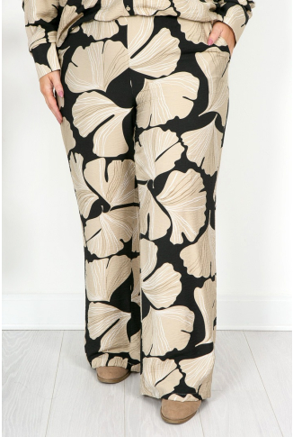 Black & Caramel Leaf Print Trousers
