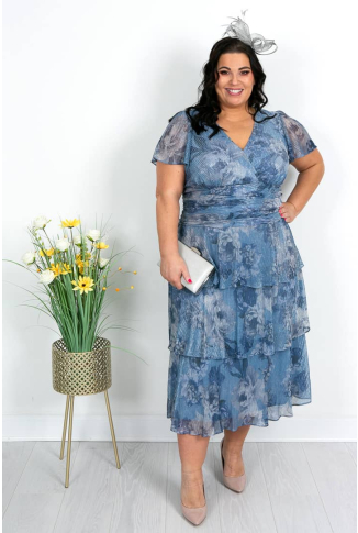 Blue Lurex Print Waisted Tier Dress-Online Exclusive