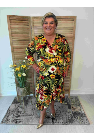 Red, Green & Gold Faux Wrap Dress