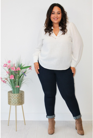 Cream Top with V Neck Lace Inset