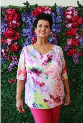Pink Printed V Neck Top