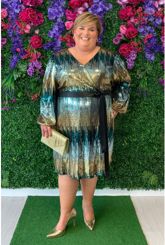 Teal and Gold Sequin Faux Wrap Dress - Online Exclusive