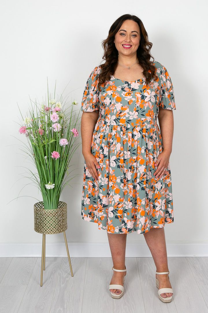 Khaki and Orange Floral Dress