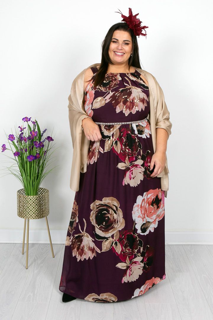 Burgundy Floral Beaded Waist Dress