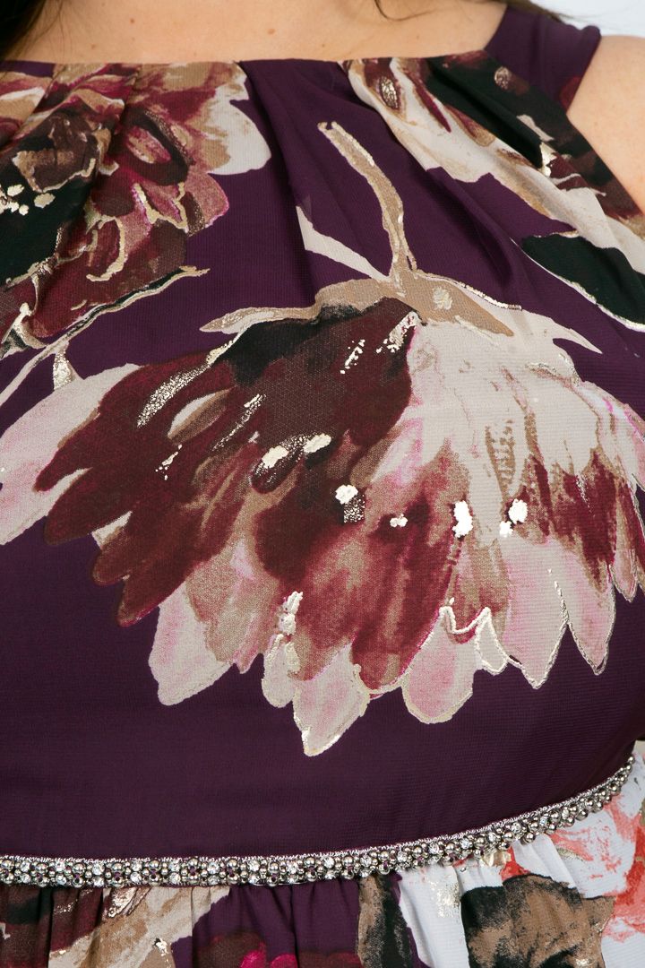 Burgundy Floral Beaded Waist Dress