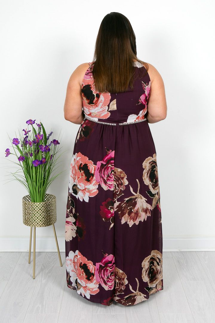 Burgundy Floral Beaded Waist Dress