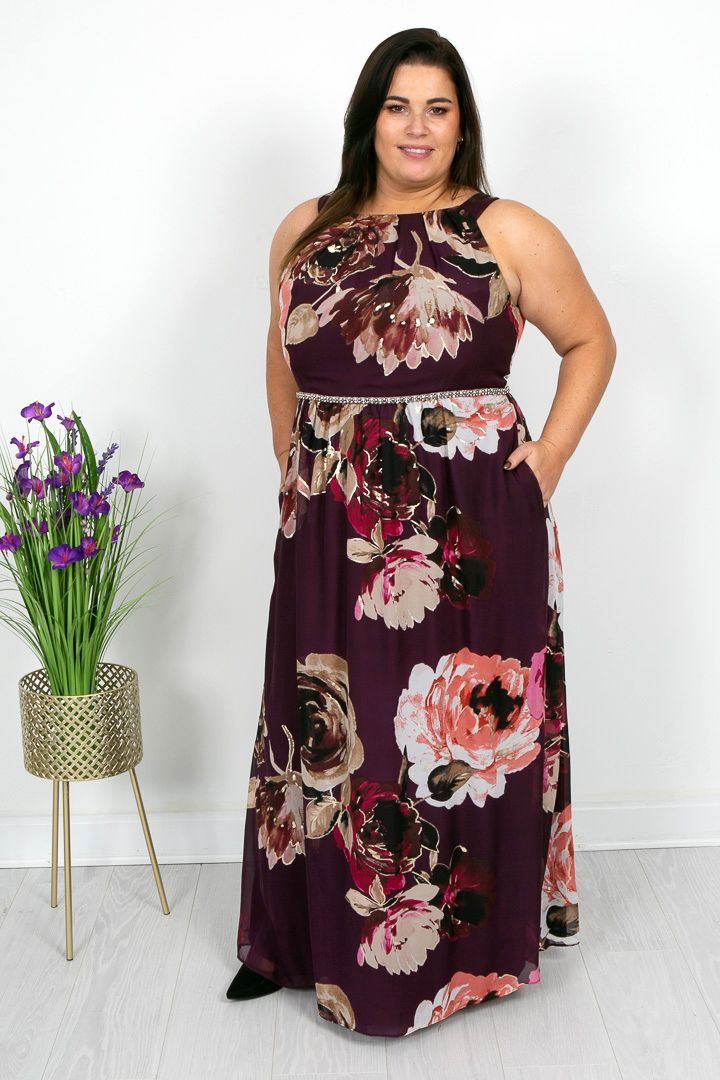 Burgundy Floral Beaded Waist Dress
