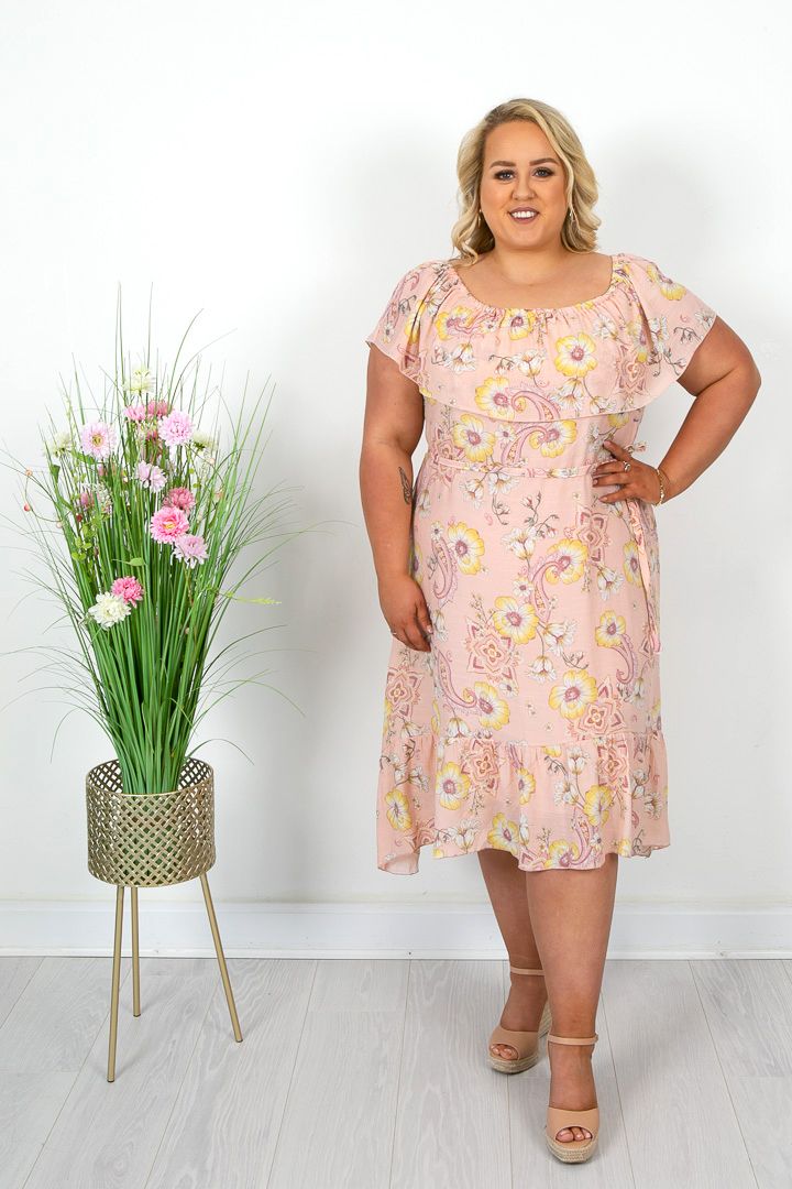 Pale Pink Floral Bardot Dress