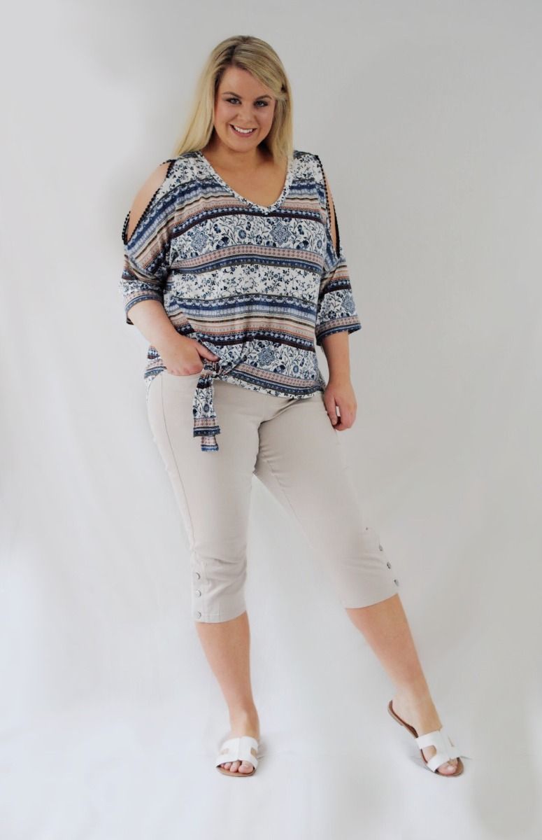 Beige Cotton Cropped Trousers Plus Size 